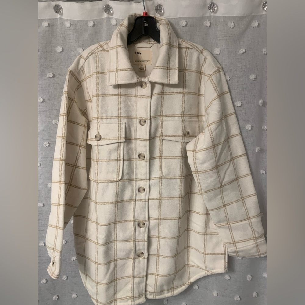 White and Tan Plaid Button-Up Jacket